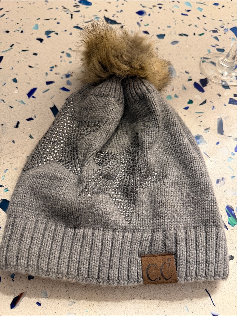 C.C Gray Knit Beanie with Faux Fur Pom and Rhinestone Stars